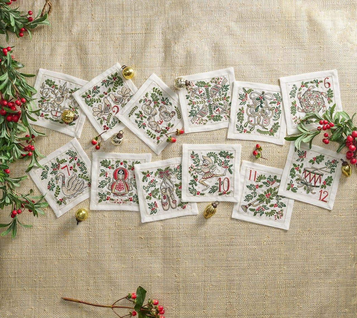 We will find the 12 Days of Christmas Linen Cocktail Napkins, Set